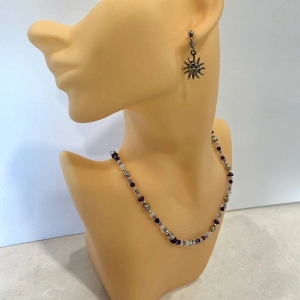 Necklace & Earrings set! Blue, clear & silver beads with silver Sun earrings.